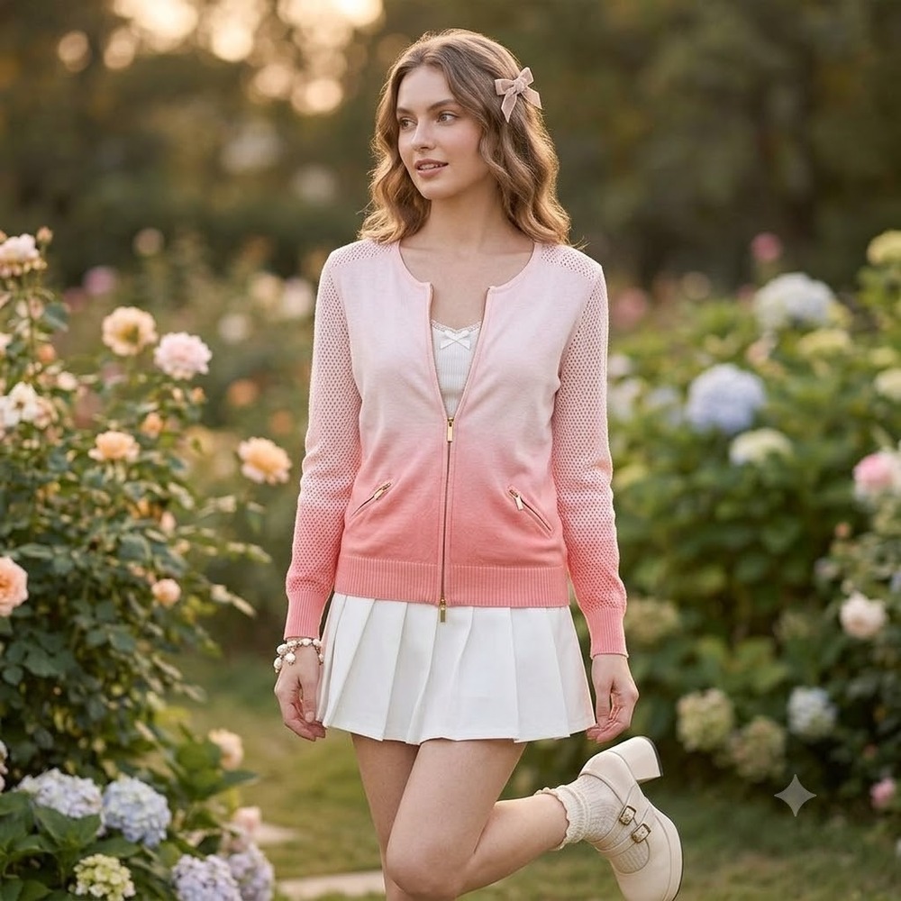 Venus Cardigan Sweater Womens Small Pink Ombre Zip Up Pointelle Mesh Cotton